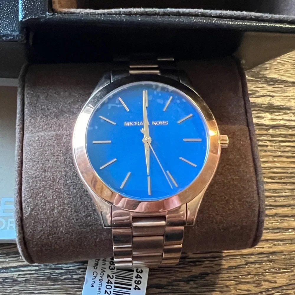 NIB NWT Michael Kors slim runway MK3494 blue dial watch rose gold